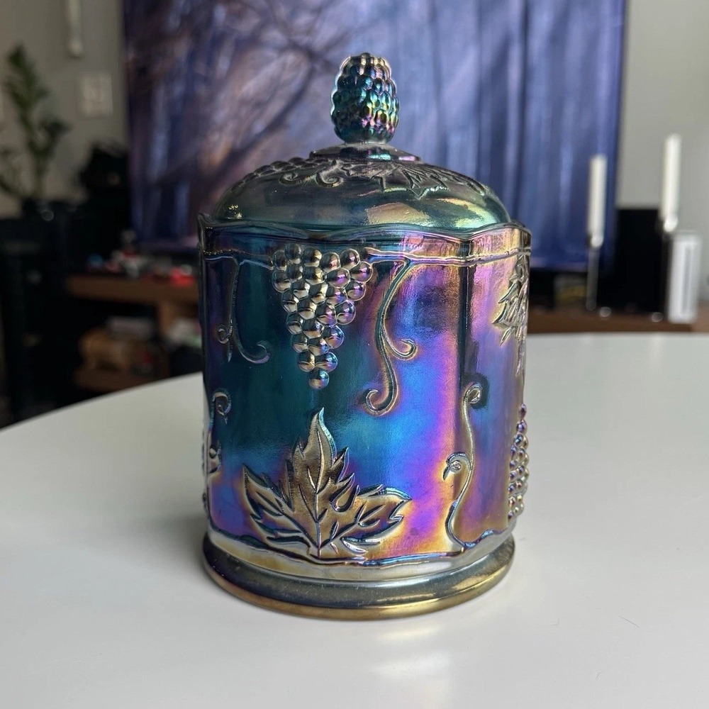 VTG Indiana Blue Grape Harvest Carnival Glass Candy Canister Iridescent W/lid